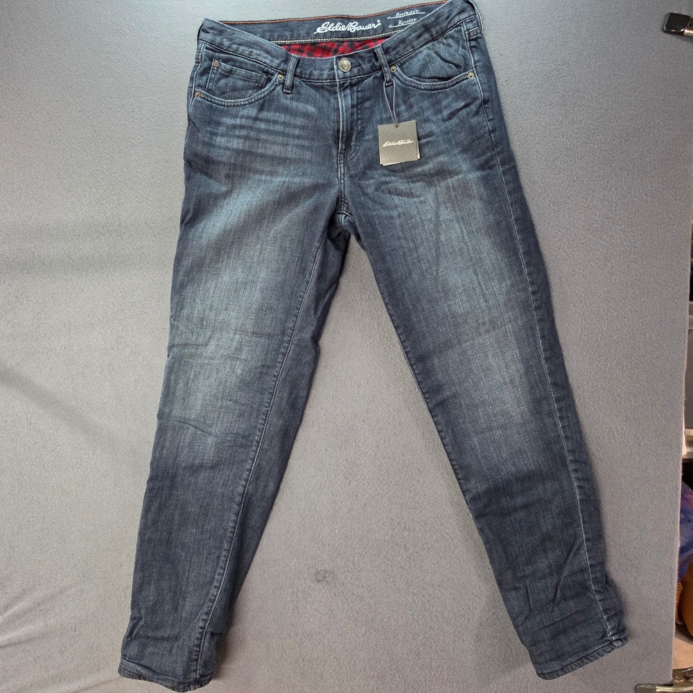 Eddie Bauer Womens 8 Flannel Lined Boyfriend Relaxed Jeans Dark Wash Plaid Denim
